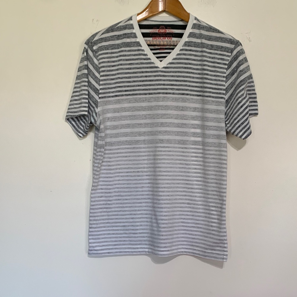 American Rag Gray and White Striped V-Neck Short Sleeve Tee